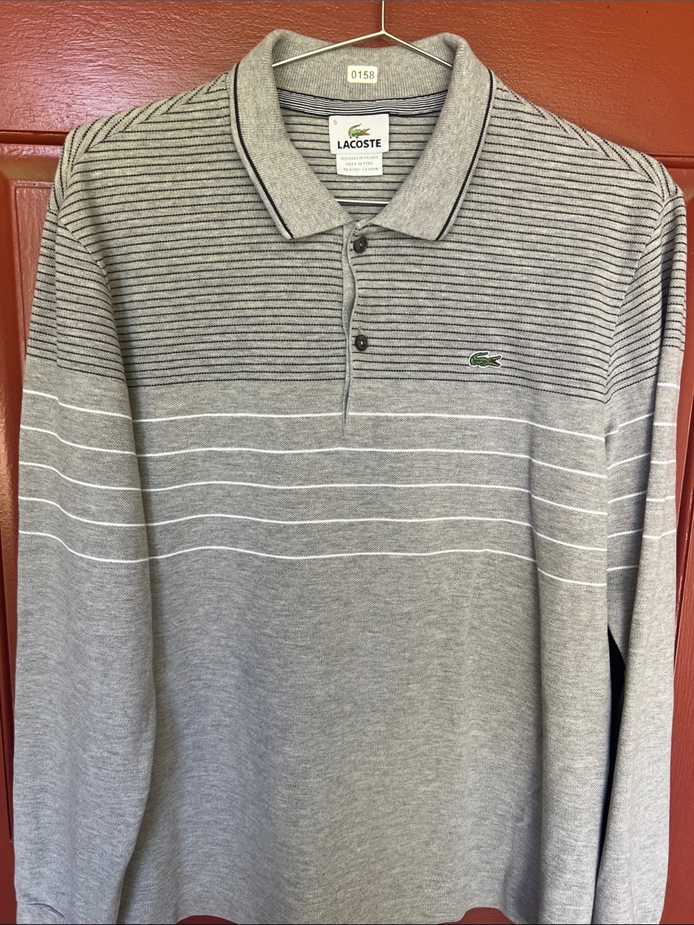 Lacoste Gray Striped Long-Sleeve Polo with Green Crocodile